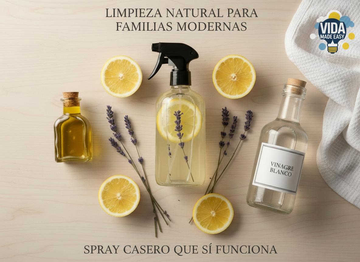 Spray casero de limpieza natural para familias modernas, hecho con vinagre blanco, aceite de oliva, limón y lavanda, ideal para hogares con niños y mascotas. Imagen de ingredientes naturales sobre una mesa clara.