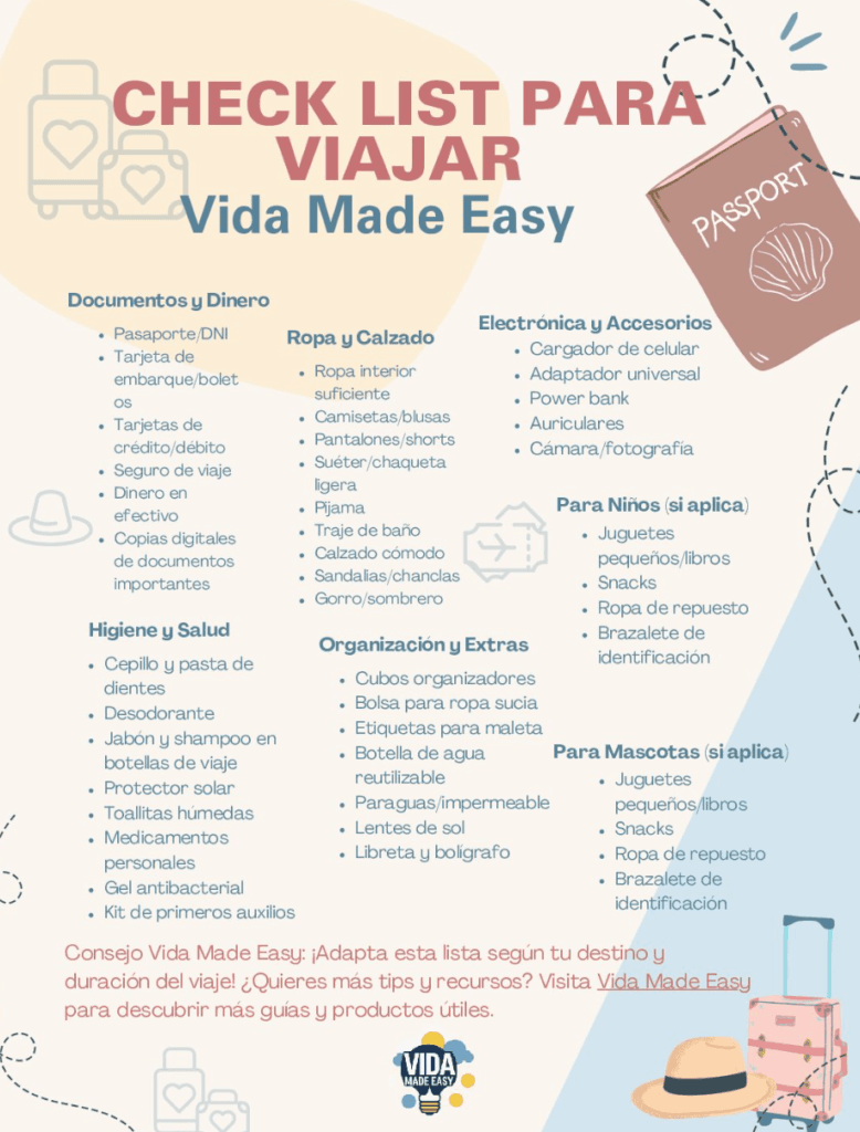 Checklist visual para viajar de Vida Made Easy, con secciones de documentos, ropa, higiene, electrónicos, organización, niños y mascotas. Diseño colorido con íconos de maleta, pasaporte y accesorios de viaje.