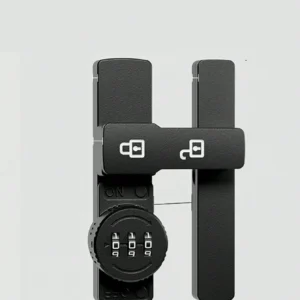 Cerradura de combinación de 3 dígitos montada en puerta de madera, con indicador luminoso de bloqueo y desbloqueo.