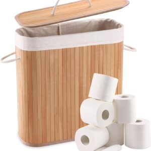 Cesta de bambú con tapa diseñada para almacenar papel de toilet de forma discreta y organizada.