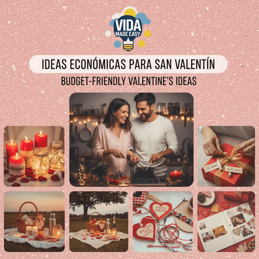 Hombre y mujer cocinando juntos en la cocina, rodeados de decoraciones románticas, flores, velas y regalos caseros para celebrar San Valentín sin gastar mucho