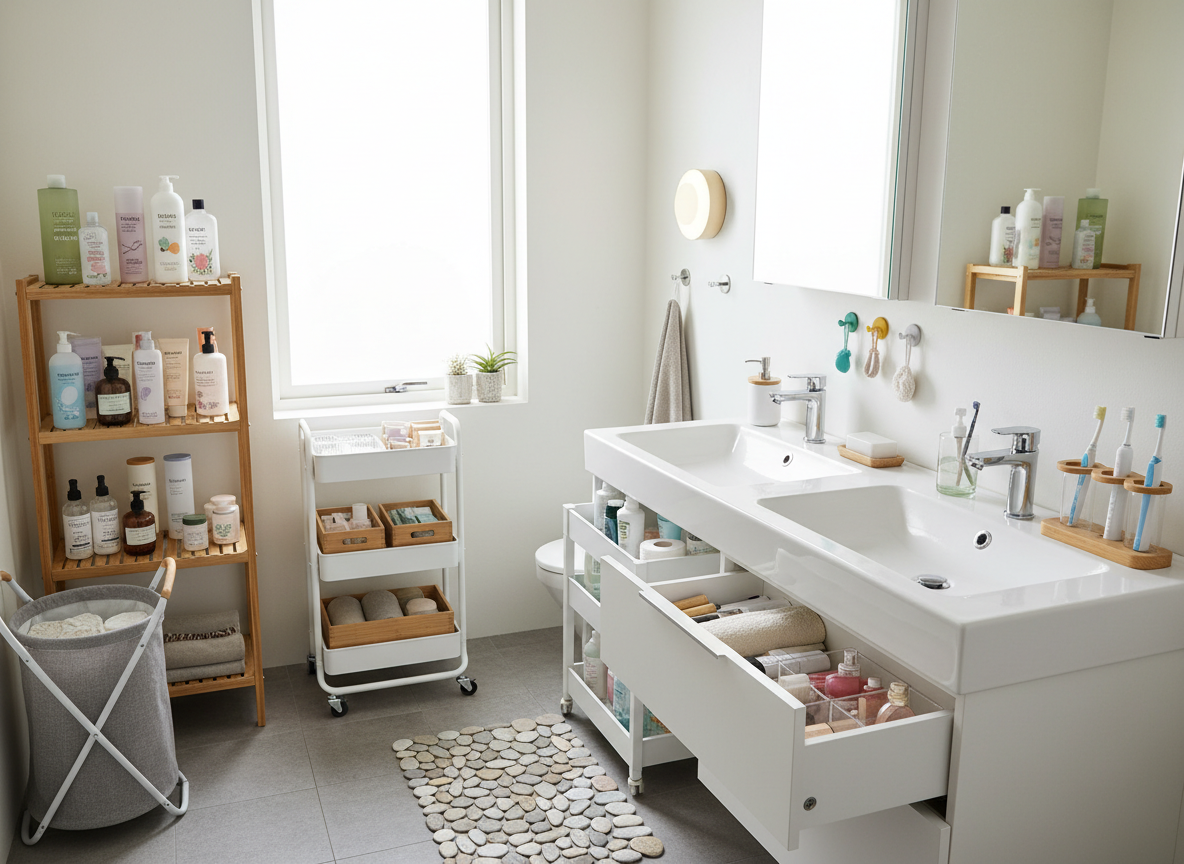 Baño moderno y luminoso con variedad de productos funcionales: dispensador de enjuague bucal de vidrio y bambú, organizador deslizante bajo el lavabo, alfombra de piedra, estantería de esquina, ganchos de silicona de colores, luz nocturna magnética, carrito de almacenamiento, organizador de cajones, soporte de cepillos con dispensador de pasta y cesto de ropa sucia plegable. Espacio organizado y familiar, ideal para familias prácticas.