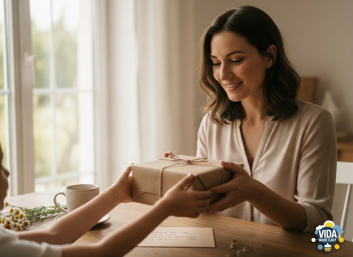 A mom smiling as she receives a wrapped gift at home, with a warm, loving atmosphere (Vida Made Easy).