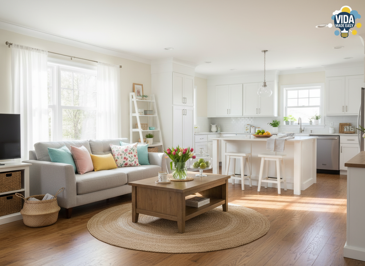 Vida Made Easy visual banner for a spring cleaning and organization blog post, featuring an organized living room and kitchen with spring decor accents and the official logo in one corner.