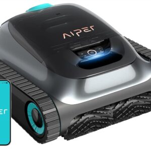 Robot limpiador de piscinas Aiper Scuba S1 con diseño gris y turquesa, mostrando orugas laterales y cepillo inferior, junto a un teléfono con la app de Aiper en pantalla.