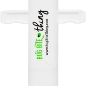 White cylindrical Bug Bite Thing suction tool with side handles and printed logo in green and black, designed for natural insect bite and sting relief.