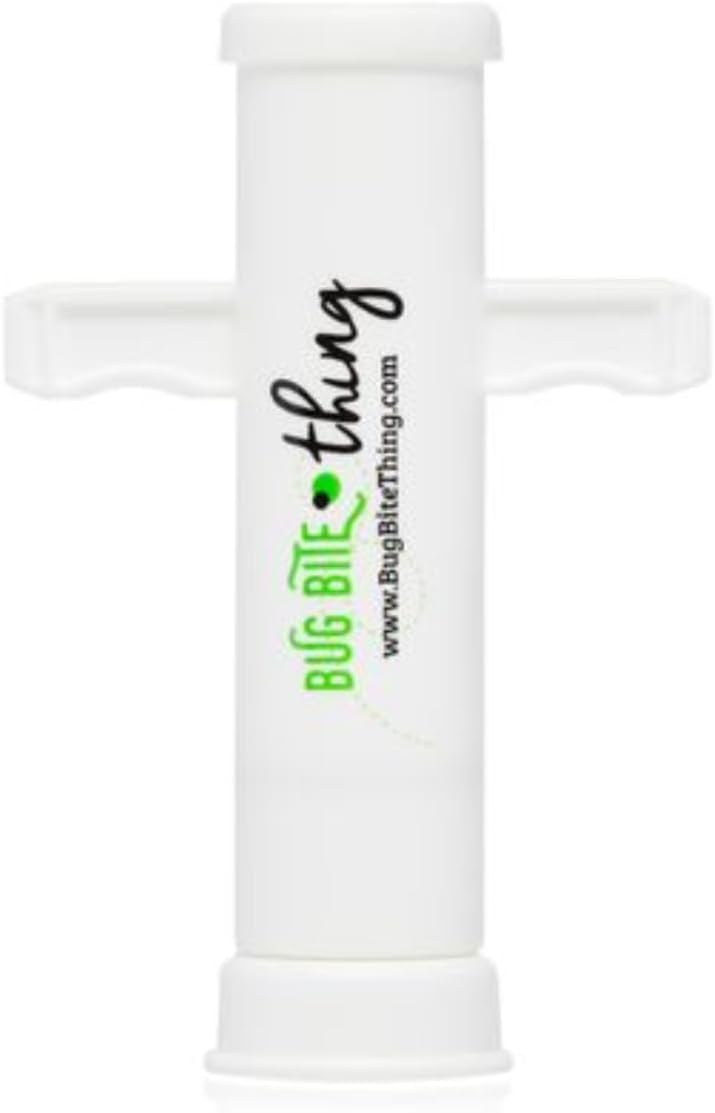White cylindrical Bug Bite Thing suction tool with side handles and printed logo in green and black, designed for natural insect bite and sting relief.