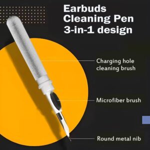 A white earbuds cleaning pen displayed diagonally on a dark background with a large yellow circle. The image highlights its 3‑in‑1 design, labeling each component: a charging hole cleaning brush at the top, a microfiber brush in the middle, and a round metal nib at the tip. The text “Earbuds Cleaning Pen 3‑in‑1 design” appears prominently, emphasizing its multifunctional use for cleaning AirPods, earbuds, and small electronic devices.