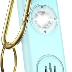 A light turquoise TECKNET rechargeable personal safety alarm with a sleek rectangular design and metallic silver top. The device features a bright circular LED light in the center, a speaker grille below, and a gold carabiner clip with a keyring attached for easy carrying. The compact, modern look highlights its dual functionality as a 130 dB siren and SOS strobe light, ideal for women, kids, and the elderly.