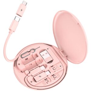 Round pink multi‑functional USB adapter kit with lid open, showing neatly organized compartments containing a short USB‑C cable, USB‑A adapter, micro‑USB adapter, SIM card ejector pin, and labeled slots for nano and micro SIM cards. Compact travel design with lightning bolt symbol indicating charging capability