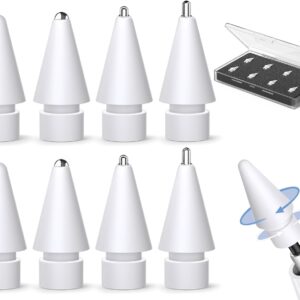 A set of eight white conical replacement tips for Apple Pencil are displayed in two rows. Each tip has a smooth, tapered design, with two featuring shiny metallic ends. In the upper right corner, a transparent storage box holds eight tips neatly in black foam. On the right side, a close-up illustration shows a tip being twisted onto a stylus pen, indicating easy installation.