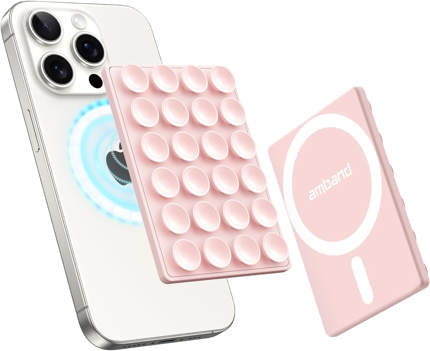 Light pink amBand magnetic suction phone mount set for MagSafe devices, featuring a silicone octo‑cup grip pad with circular suction cups and a matching magnetic plate printed with the amBand logo and ring design. Shown next to a white smartphone with triple camera lenses and blue magnetic alignment glow, illustrating secure attachment and compatibility
