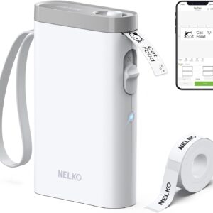 A sleek white Nelko P21 Bluetooth label maker with a light gray top and wrist strap, shown printing a label that reads “Cat Food” with a small cat illustration. Beside it, a smartphone displays the Nelko app interface used to design and print labels, featuring options like “Simple,” “Cartoon,” and “Frame.” A roll of label tape sits in the foreground, emphasizing the printer’s portable, wireless design for home, school, or office organization.