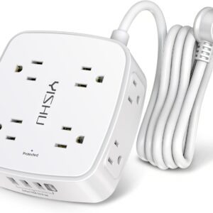 White surge protector power strip with eight outlets and four USB ports, featuring a six‑foot extension cord and flat three‑prong plug. The compact square design has rounded corners, side outlets, and a blue indicator light labeled ‘Protected,’ with the brand name NESHU printed vertically.