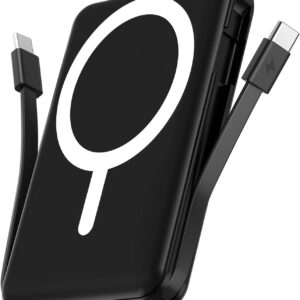 Black Podoru MagSafe Battery Pack with a white circular wireless charging symbol on top, built‑in dual USB‑C cables extending from the sides, and an LED display showing battery percentage and charging indicators at the bottom.