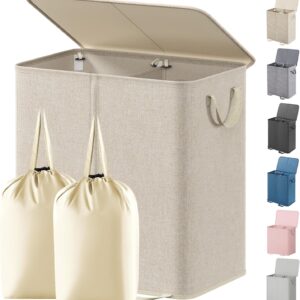A large beige Lifewit double laundry hamper with a hinged lid partially open, showing two compartments inside. In front of the hamper are two beige drawstring laundry bags designed to fit inside for sorting clothes. The hamper has side handles for easy carrying and a fabric texture for a modern look. On the right side, six smaller versions display the hamper in different colors—beige, gray, dark gray, blue, pink, and white—highlighting the available options.