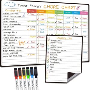 Magnetic dry erase chore chart set for families, featuring a large weekly board labeled ‘Taylor Family’s Chore Chart’ with colorful columns for each day and rows of household tasks. Includes a smaller shopping list board with checked items and six fine‑point dry erase markers in assorted colors. Designed for fridge use to organize chores and shopping lists