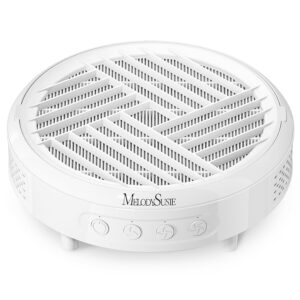 A round white nail dust collector with a glossy finish and vented top featuring diagonal slats in a crisscross pattern. The front panel displays three circular control buttons with fan symbols and the brand name “MelodySusie” printed above them. The device stands on small legs, designed for portable use in nail salons or home manicure setups.