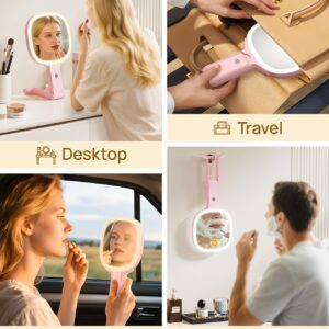 Collage showing four uses of the pink Gospire 6.8‑inch travel vanity mirror with LED lighting. Top left: used on a desk for makeup application. Top right: mirror being packed into a beige handbag for travel. Bottom left: handheld use inside a car for touch‑ups. Bottom right: mirror hanging on a wall while a man shaves, displaying 10X magnification. Each section labeled Desktop, Travel, Handheld, and Hanging