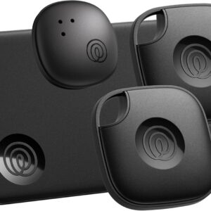 A set of four sleek black Life360 Tile trackers displayed on a white background, including two square devices with rounded edges and keyring holes, one slim rectangular tracker, and one small oval tracker. Each features a glossy circular logo in the center, highlighting their modern design and compact portability for locating everyday items like keys, wallets, and remotes.