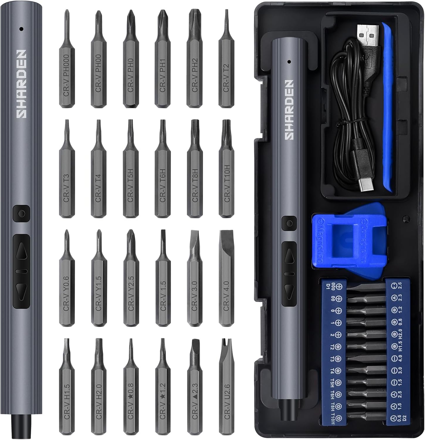A neatly arranged SHARDEN mini electric screwdriver kit displayed in a black storage case. The set includes a slim metallic gray electric screwdriver, a USB charging cable, a blue magnetic holder, and 24 precision bits engraved with labels such as PH000, T5H, and Y1.5. Each bit is organized in rows for easy identification, showcasing a professional and compact design ideal for repairing phones, cameras, laptops, and watches.