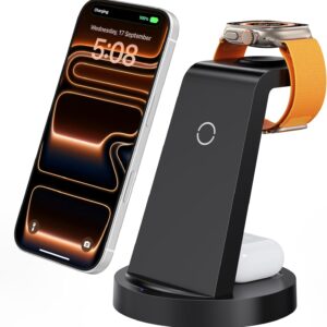 A sleek black 3‑in‑1 wireless charging station holds an iPhone, Apple Watch, and AirPods. The iPhone stands vertically on the left, showing a glowing orange abstract wallpaper and a full battery at 100%. The Apple Watch with an orange band rests on the upper arm of the stand, while the white AirPods case sits at the base, illustrating simultaneous charging for all devices.