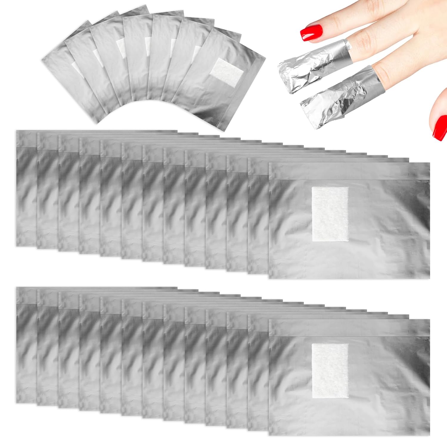 A set of silver foil nail wraps with white absorbent pads arranged in neat rows. At the top, several wraps are fanned out, and in the corner, a hand with red-painted nails shows two fingers wrapped in the foil, demonstrating how the wraps are used for soaking off gel polish or acrylic nails.