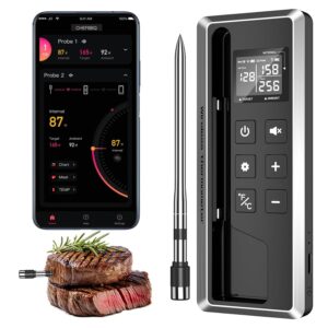 A modern wireless meat thermometer set displayed on a white background. The image shows a smartphone running the “CHEFBBQ” app with temperature readings for two probes, a sleek metallic thermometer probe, and a rectangular docking station with a digital display and control buttons. A grilled steak garnished with rosemary sits beside the probe, illustrating real‑time cooking temperature monitoring.