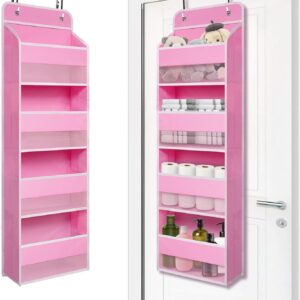 Pink over‑the‑door hanging organizer with four large fabric pockets and white trim, shown empty on the left and filled on the right with household items including stuffed toys, towels, toilet paper rolls, and bottles. The organizer hangs from two metal hooks on a white door, demonstrating versatile storage for bathroom, nursery, or bedroom use