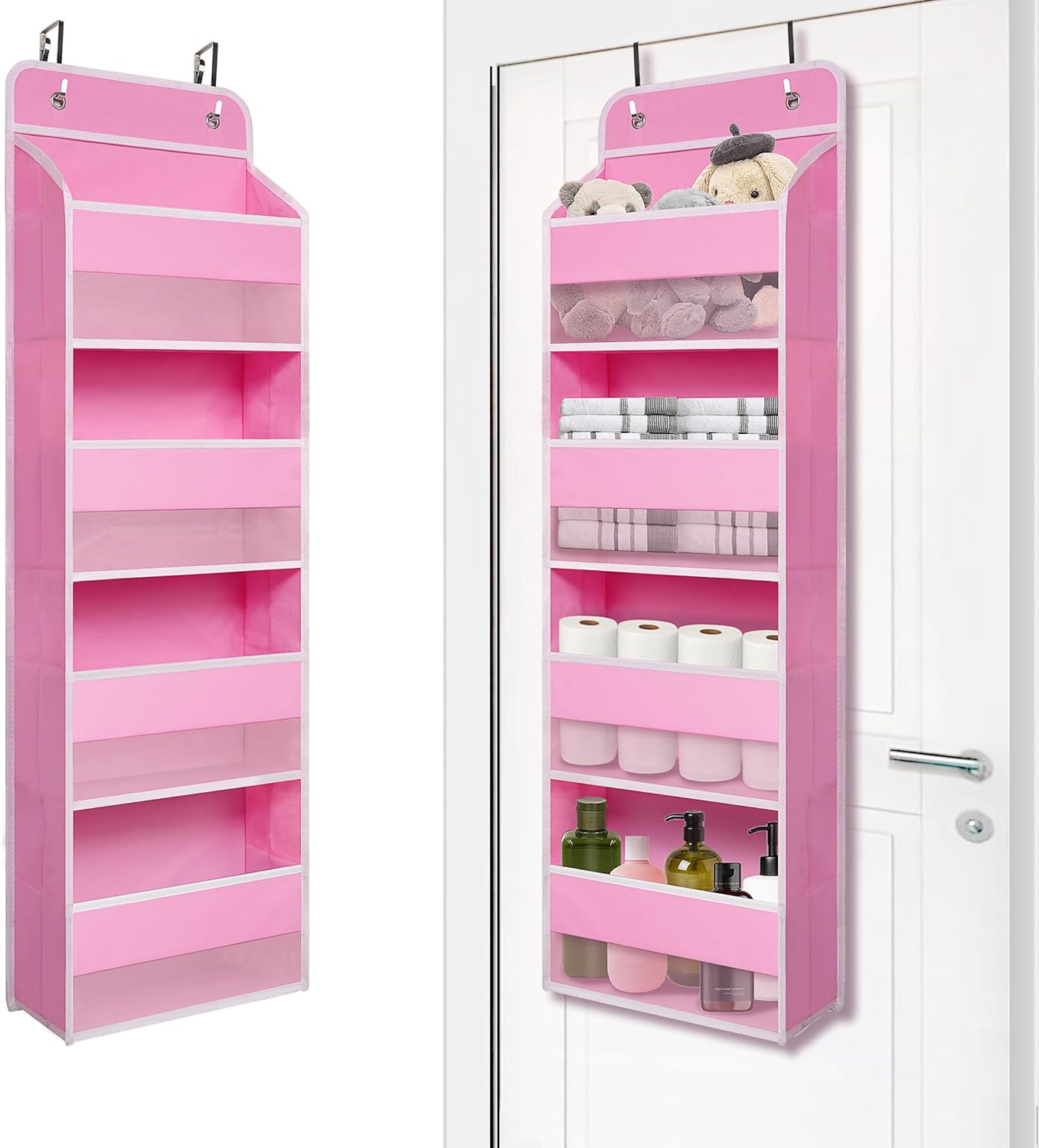 Pink over‑the‑door hanging organizer with four large fabric pockets and white trim, shown empty on the left and filled on the right with household items including stuffed toys, towels, toilet paper rolls, and bottles. The organizer hangs from two metal hooks on a white door, demonstrating versatile storage for bathroom, nursery, or bedroom use
