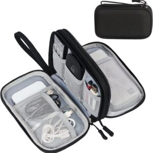 Black FYY travel cable organizer pouch with double‑layer design, shown open to reveal multiple mesh pockets holding cords, chargers, a computer mouse, USB drives, and a power bank. The compact rectangular case features a gray interior, dual zippers, and a wrist strap, with a smaller view of the closed pouch in the corner