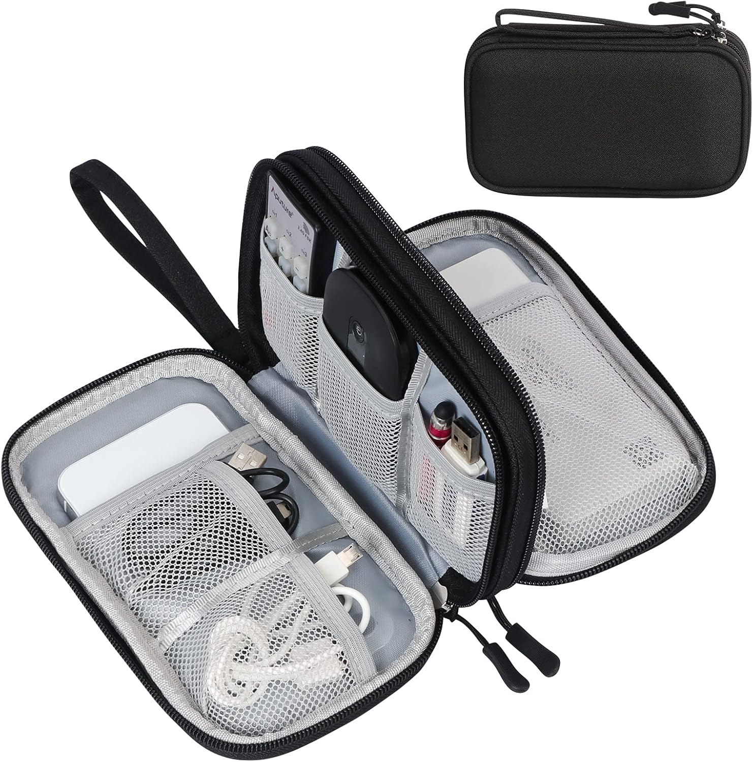Black FYY travel cable organizer pouch with double‑layer design, shown open to reveal multiple mesh pockets holding cords, chargers, a computer mouse, USB drives, and a power bank. The compact rectangular case features a gray interior, dual zippers, and a wrist strap, with a smaller view of the closed pouch in the corner