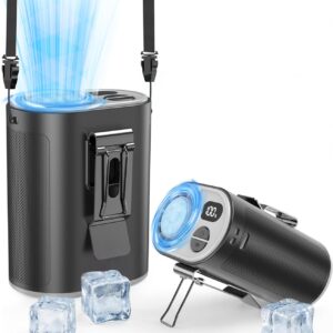 Two sleek black portable waist fans with metallic accents displayed on a white background. One fan stands upright with a shoulder strap and emits a bright blue cooling light from the top, while the other lies horizontally with a digital display showing “10.1%” and glowing blue airflow from its front vent. Ice cubes surround both devices, emphasizing their ice‑cooling function and modern design.