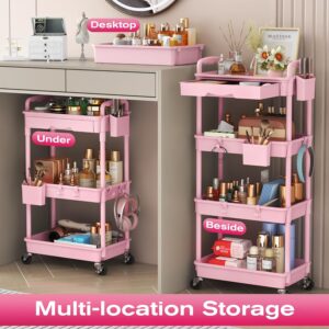 Pink 3‑tier rolling makeup organizer carts placed beside and under a vanity desk, filled with cosmetics, skincare, and beauty accessories. Labels show “Desktop,” “Under,” and “Beside” to highlight multi‑location storage options.