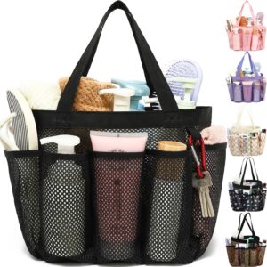 Black mesh shower caddy filled with toiletries including bottles, brushes, and a loofah, featuring eight outer pockets and dual handles. Smaller versions of the same caddy appear on the right in pink, purple, beige checkered, black polka dot, and brown color options.