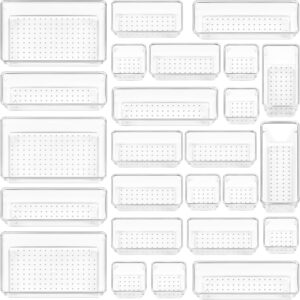 A complete set of 25 clear plastic drawer organizers arranged neatly on a white background. The transparent trays vary in size and shape—rectangular and square—with small perforations on the bottom for ventilation. The layout showcases four distinct sizes, illustrating how the bins can be mixed and matched for organizing makeup, kitchen utensils, office supplies, or bathroom essentials.