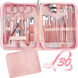 A pink 30‑piece REDFLOW manicure and pedicure set displayed open inside a matching zippered case. The tools—nail clippers, scissors, tweezers, cuticle pushers, and files—are neatly arranged in elastic bands, all featuring a rose‑gold metallic finish. Below the open case, a closed version shows its smooth pink exterior. To the right, a pink ribbon forms a heart shape with the number “30,” emphasizing the total pieces included in the set.
