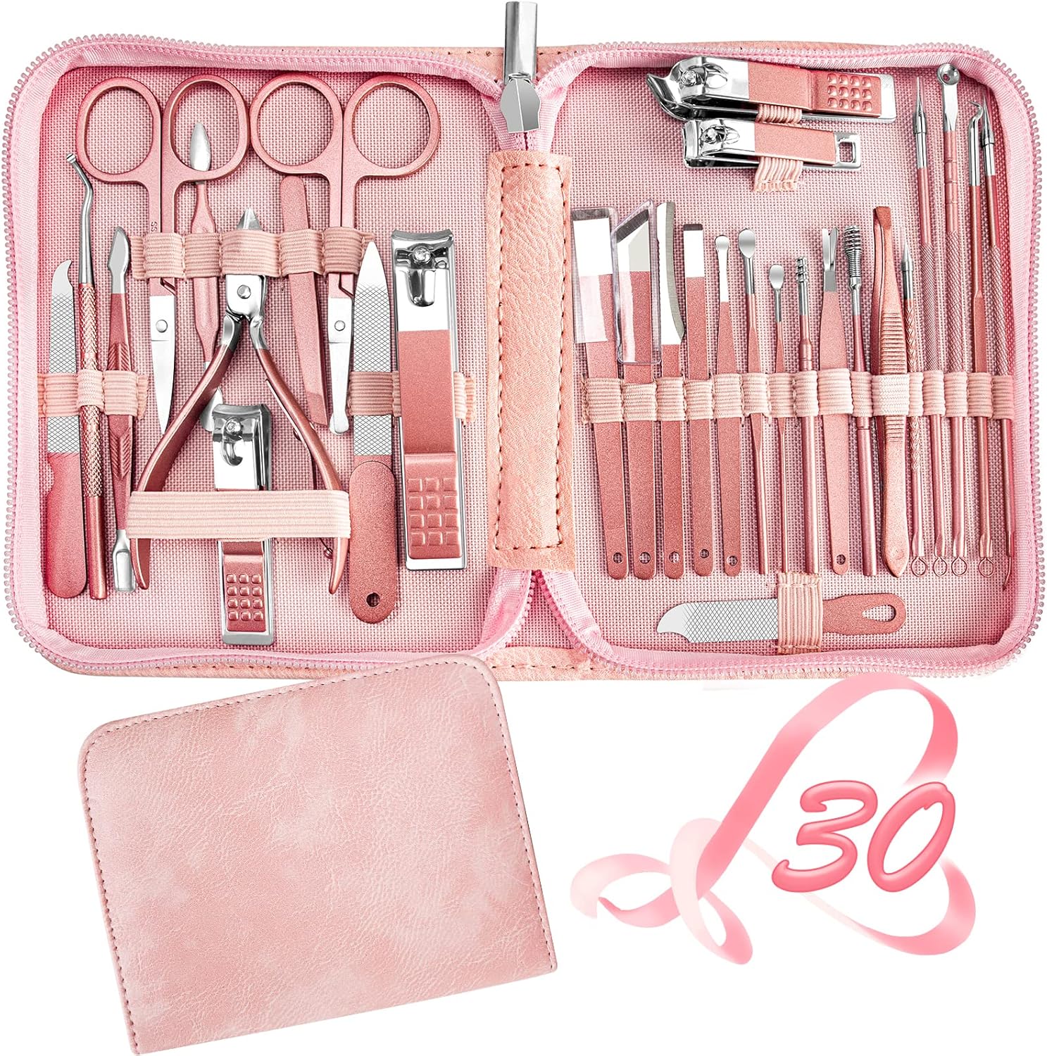 A pink 30‑piece REDFLOW manicure and pedicure set displayed open inside a matching zippered case. The tools—nail clippers, scissors, tweezers, cuticle pushers, and files—are neatly arranged in elastic bands, all featuring a rose‑gold metallic finish. Below the open case, a closed version shows its smooth pink exterior. To the right, a pink ribbon forms a heart shape with the number “30,” emphasizing the total pieces included in the set.