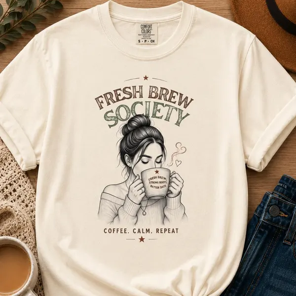 A cream fresh brew society shirt featuring a vintage illustration of a woman sipping coffee with the text “Fresh Brew Society – Coffee. Calm. Repeat,” styled with jeans and a cup of coffee.