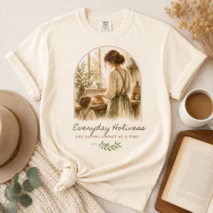 A cream everyday holiness shirt featuring a vintage illustration of a mother and child in a sunlit kitchen with the text “Everyday Holiness – One Loving Choice at a Time.”