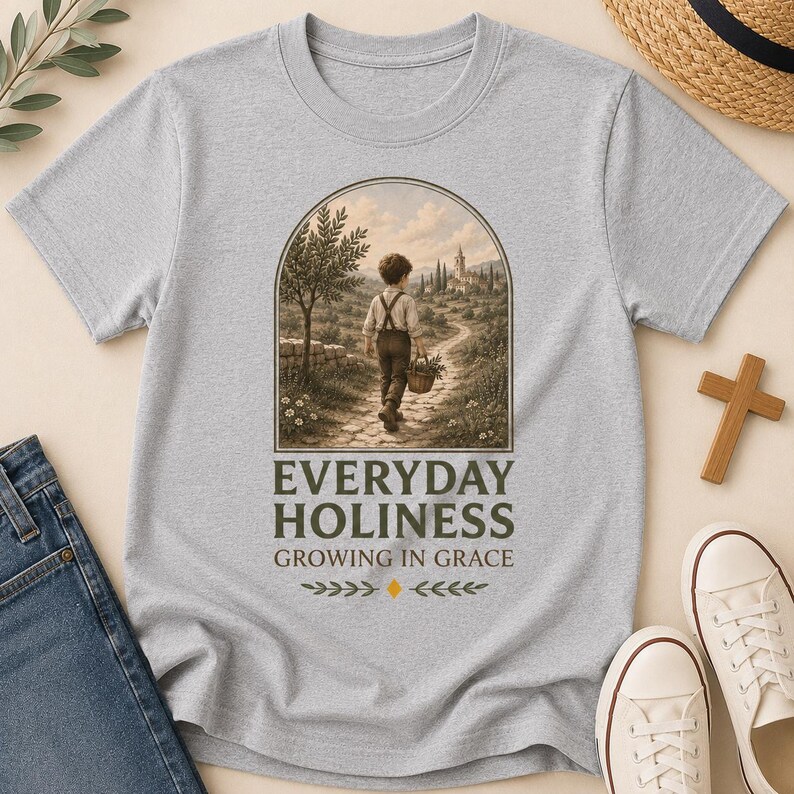 A light gray everyday holiness shirt featuring a vintage illustration of a man walking down a countryside path with the text “Everyday Holiness – Growing in Grace.”