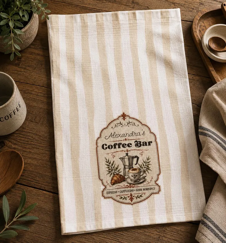 A beige and white striped personalized coffee bar towel featuring a vintage moka pot, cup, and croissant design with custom name text, styled on a wooden table with coffee accessories.