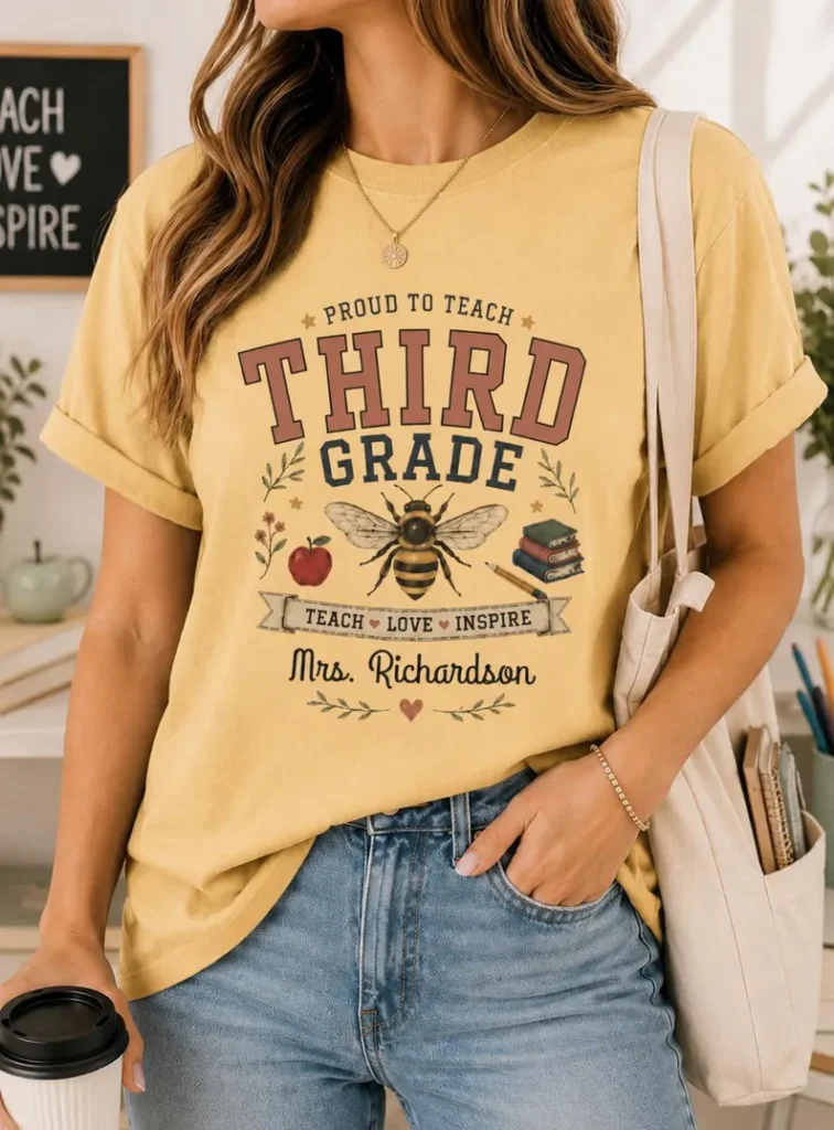 A yellow third grade teacher shirt featuring a vintage bee illustration, books, and apples with the text “Proud to Teach Third Grade – Teach • Love • Inspire,” styled with classroom accessories.