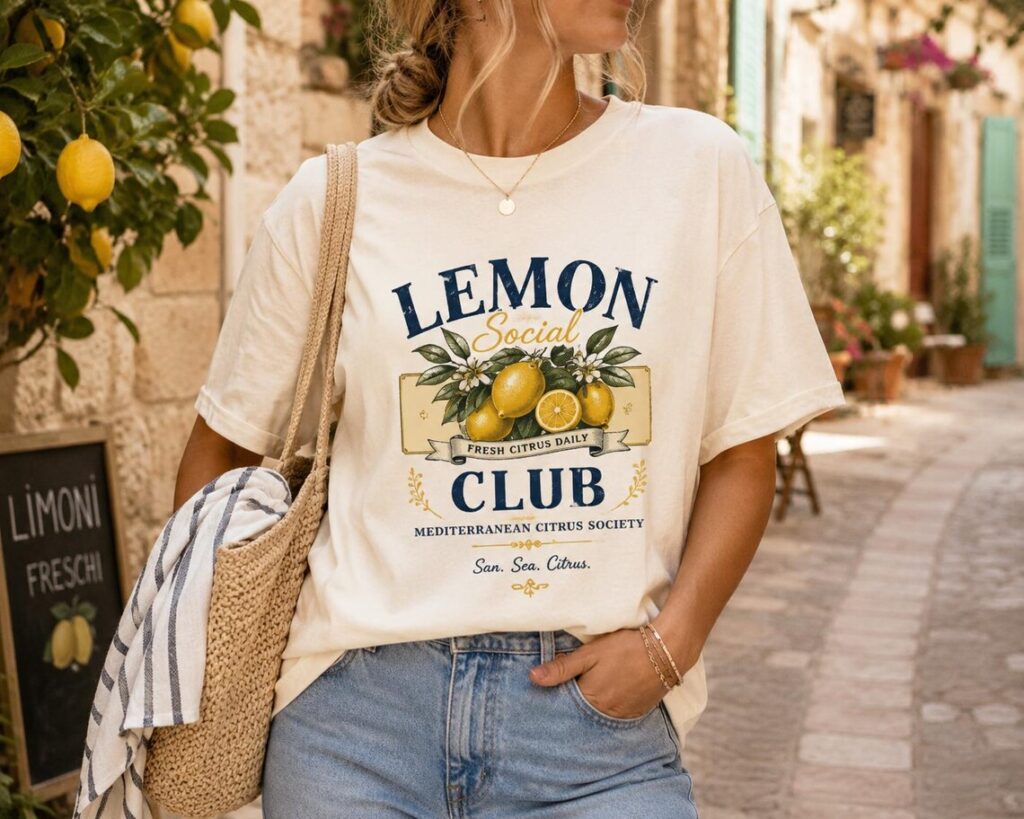 Vintage Italian Lemons Shirt featuring Lemon Social Club graphic on a Comfort Colors unisex t-shirt inspired by the Amalfi Coast, perfect for summer vacations and Italy lovers.